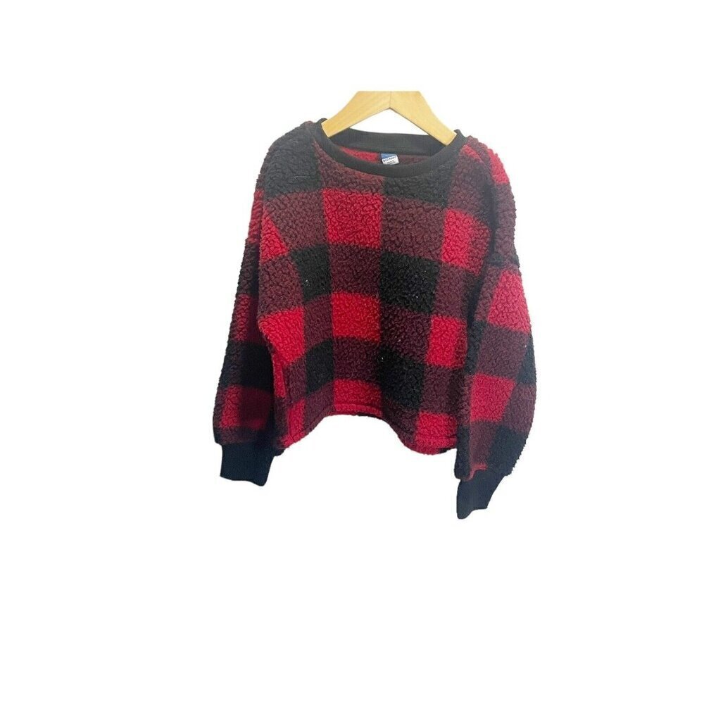 Old Navy Sherpa‎ Shirt Girl's M 8 Red Black Buffalo Plaid Fleece Holiday